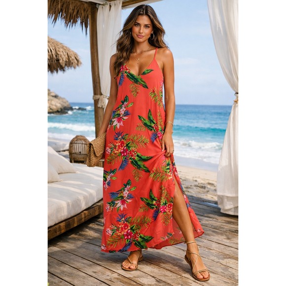 She + Sky Dresses & Skirts - She + Sky Maxi Dress Womens S Coral Tropical Floral Resort Vacation Boho Flowy
